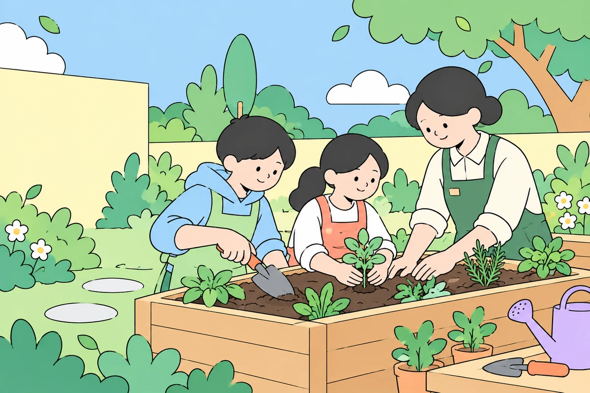協力してハーブの苗を植える子どもたちと大人のイラスト