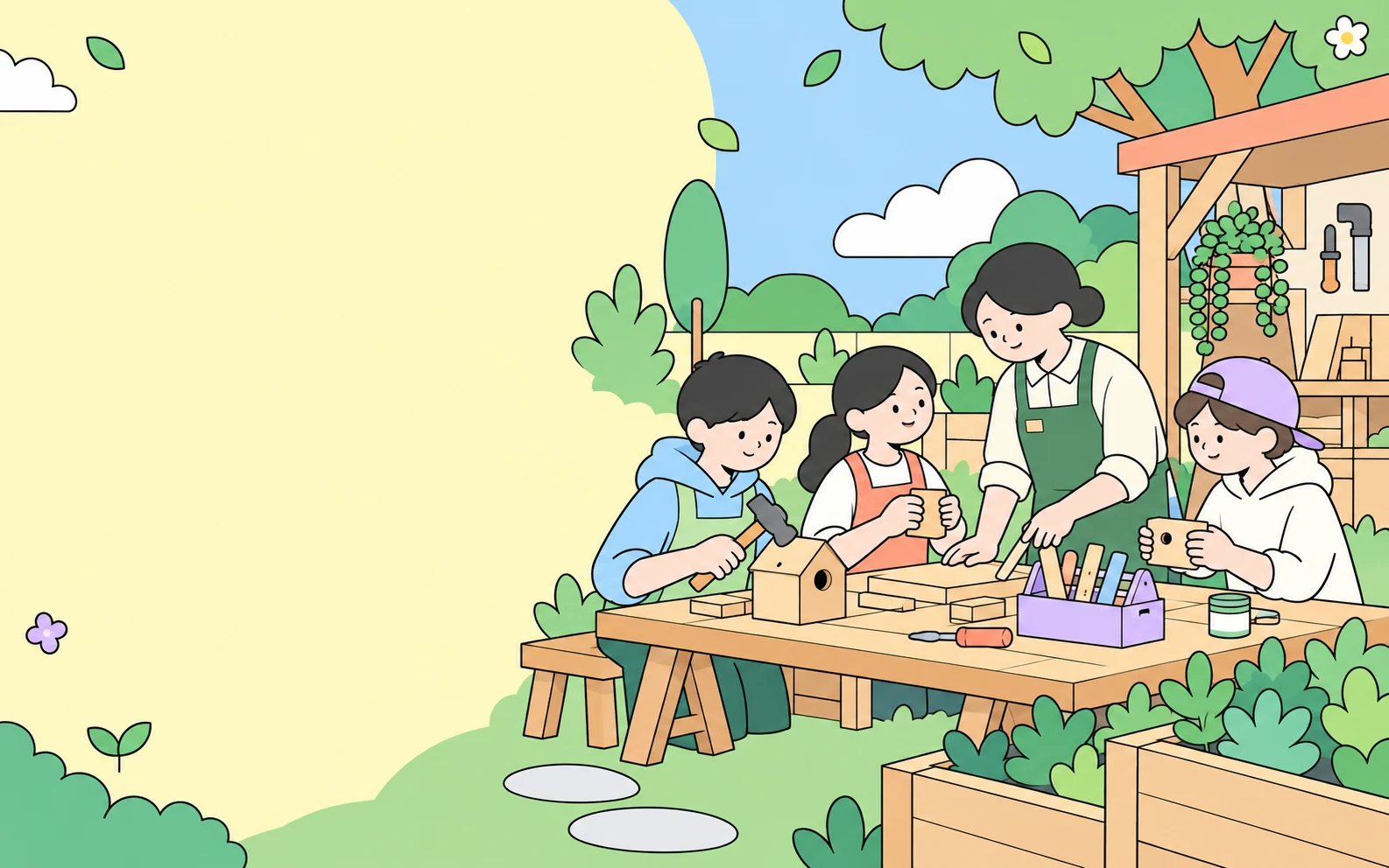 庭の工房で協力して木の巣箱をつくる子どもたちと大人のイラスト